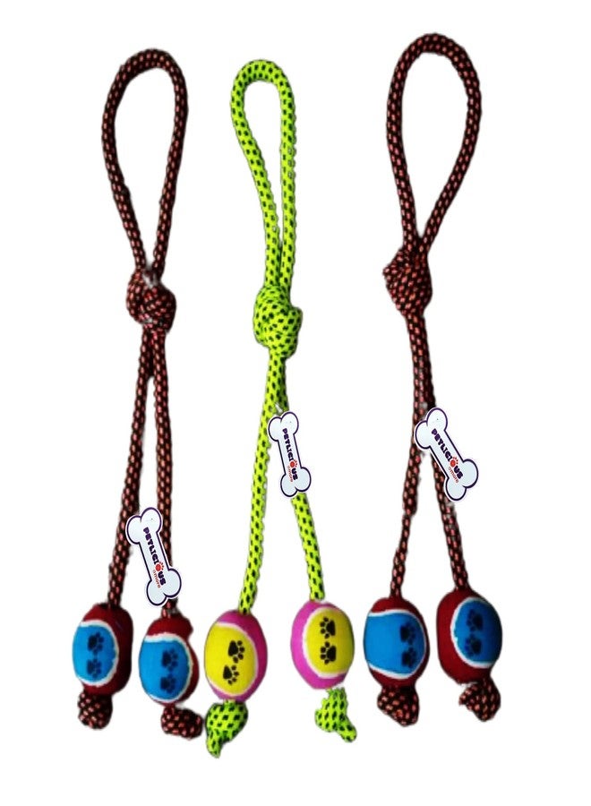 PETLICIOUS & MORE لعبة كرة مطاطية تصدر صوتاً للكلاب البالغة من Petlicious & More® غير سامة | حبل بأربع عقد | كرة حبل تنس مزدوجة (متوسطة، مجموعة من 3 قطع) - Image 3